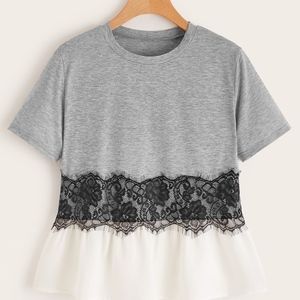 Gray Black and white lace pemblm tee